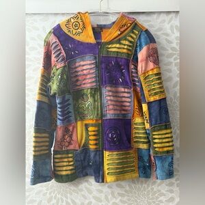 Vintage Y2K Rising International Women’s L Patchwork Boho Hippie Zip Up Hoodie